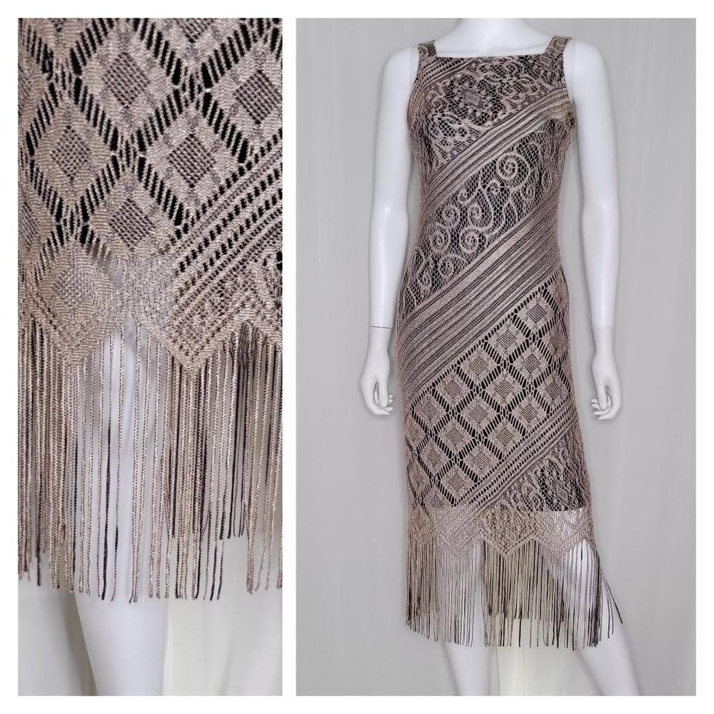 Vintage Dress • Gold Knit Lace • Flapper Fringe • 20s Style Cocktail Party • S
